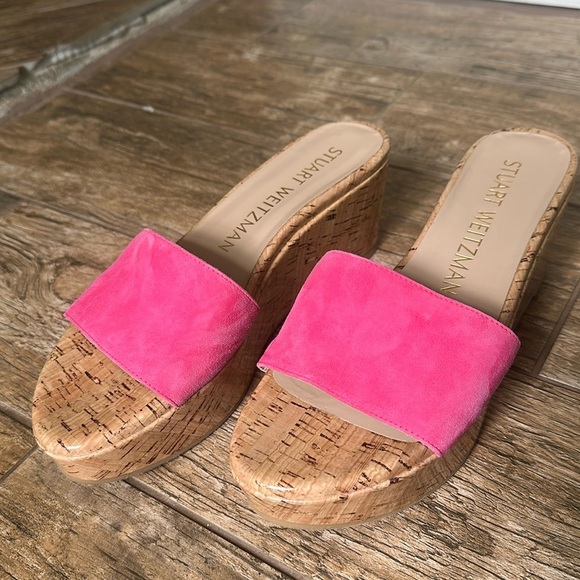 Stuart Weitzman Summer pink Suede Platform Cork Wedge Sandal Size 8 - Picture 1 of 7